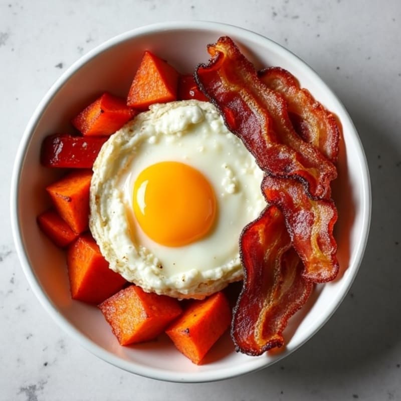 Crispy Turkey Bacon and Egg White Breakfast Bowl with Roasted Sweet Potatoes