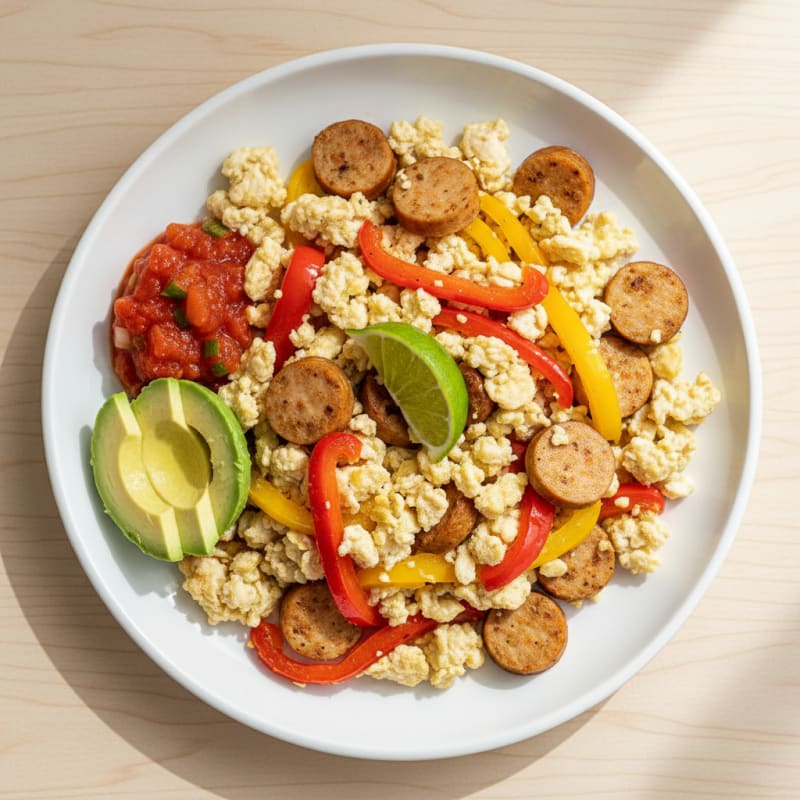 Egg White Scramble with Chicken Sausage and Sautéed Peppers