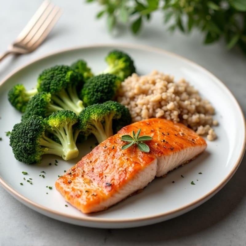 Seared Salmon Fillet with Steamed Broccoli and Brown Rice