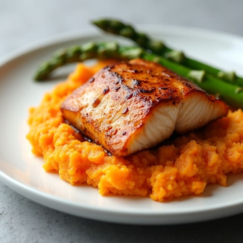 Seared Salmon with Roasted Asparagus and Sweet Potato Mash