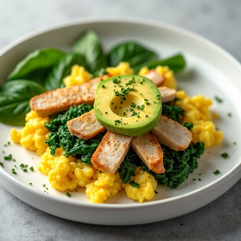 Scrambled Eggs with Sautéed Spinach, Chicken, and Avocado