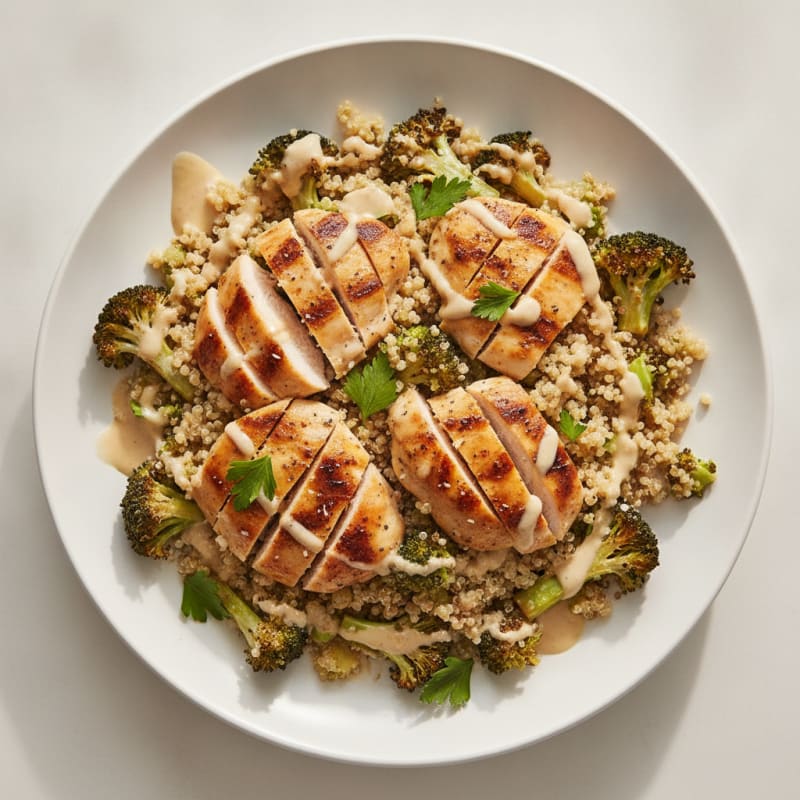 Grilled Chicken Breast Salad with Quinoa and Roasted Broccoli