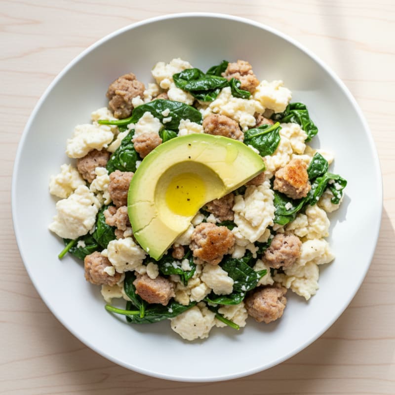 Egg White and Spinach Scramble with Turkey Sausage