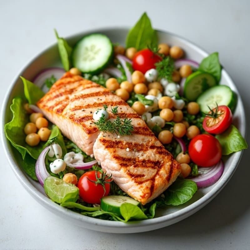Grilled Lemon Herb Salmon with Crunchy Chickpea Salad