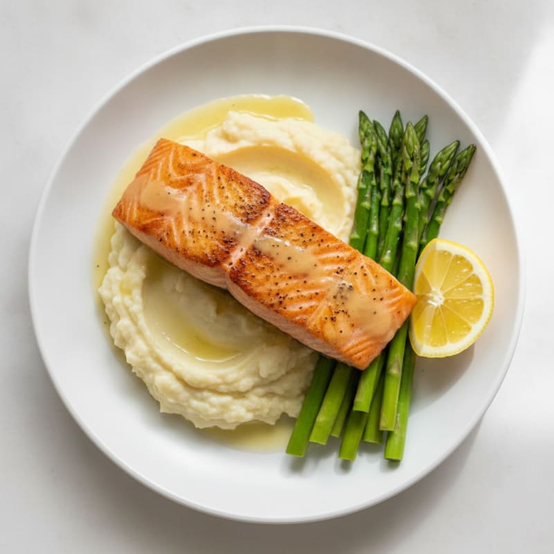 Seared Salmon Fillet with Steamed Asparagus and Garlic Mashed Cauliflower