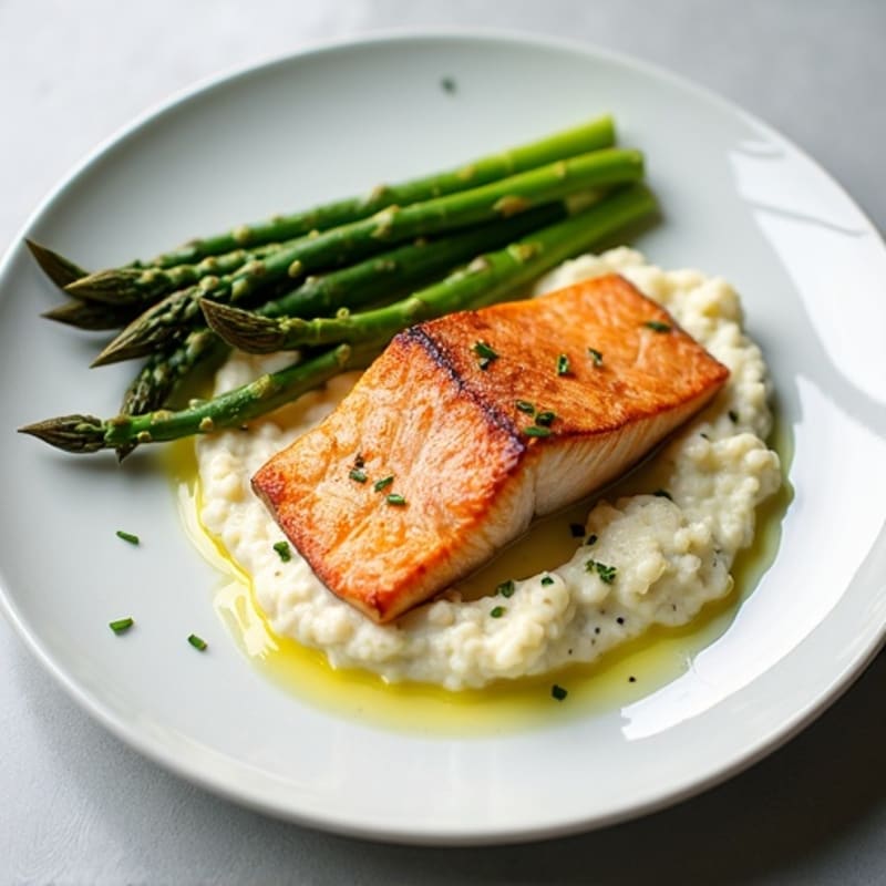 Seared Salmon with Steamed Asparagus and Cauliflower Mash