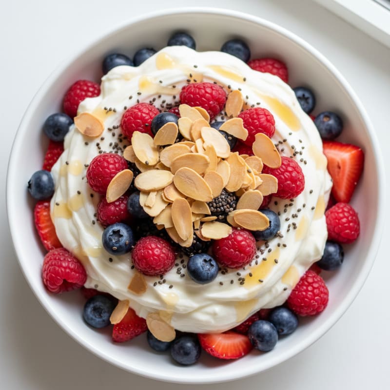 Greek Yogurt Protein Parfait with Mixed Berries and Almonds