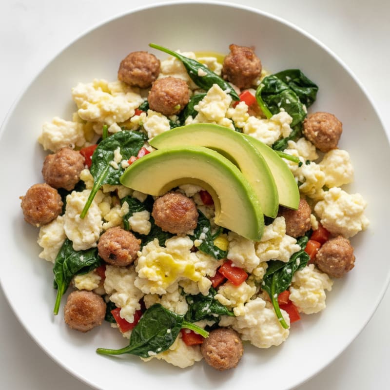 Egg White Spinach Scramble with Turkey Sausage