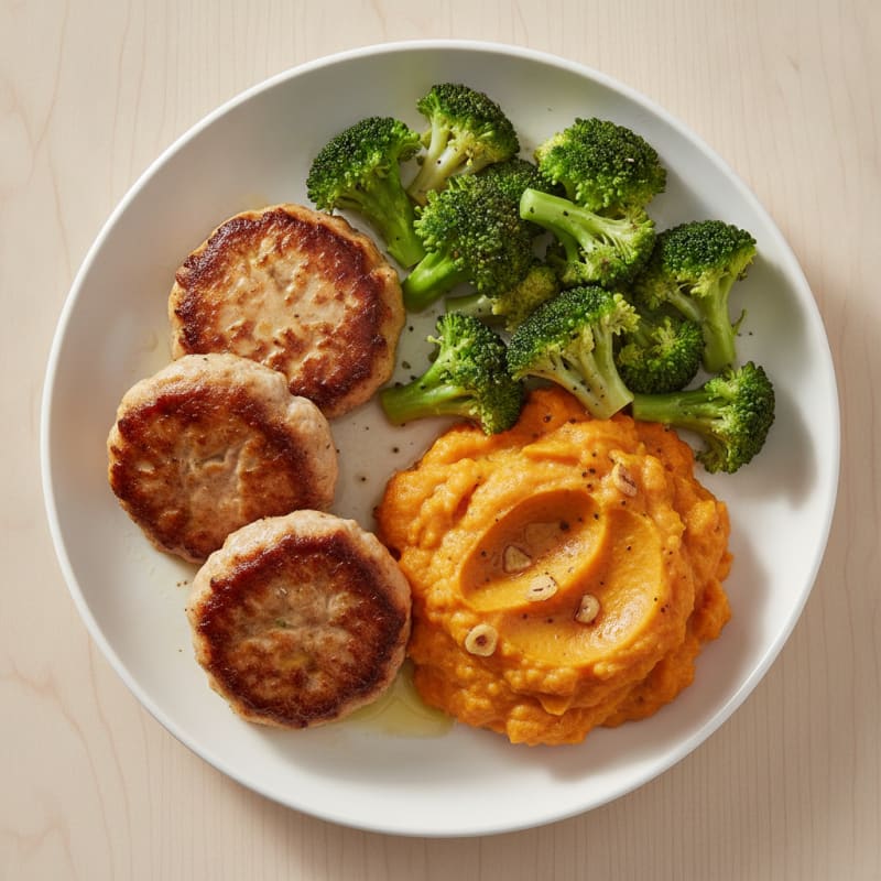 Seared Turkey Patties with Steamed Broccoli and Sweet Potato Mash