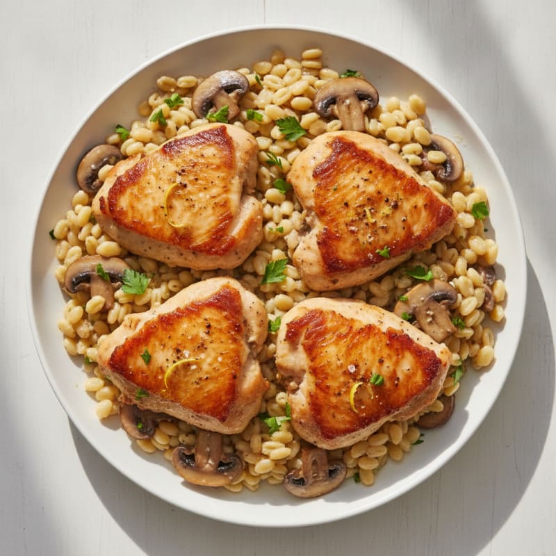 Lemon-Herb Chicken Thighs with Mushroom Orzo