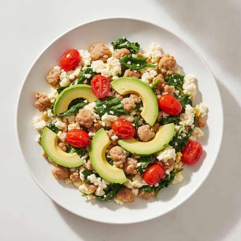 Egg White and Turkey Sausage Scramble with Spinach and Tomatoes