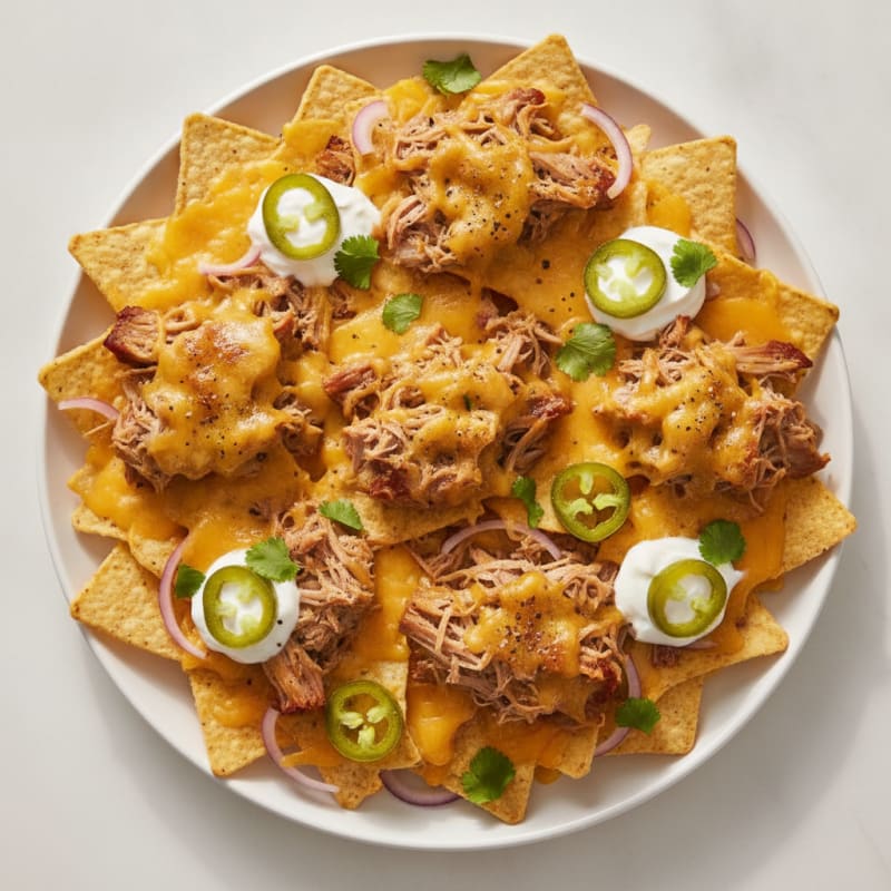 Smoky Pulled Pork Nachos with Pickled Jalapeños