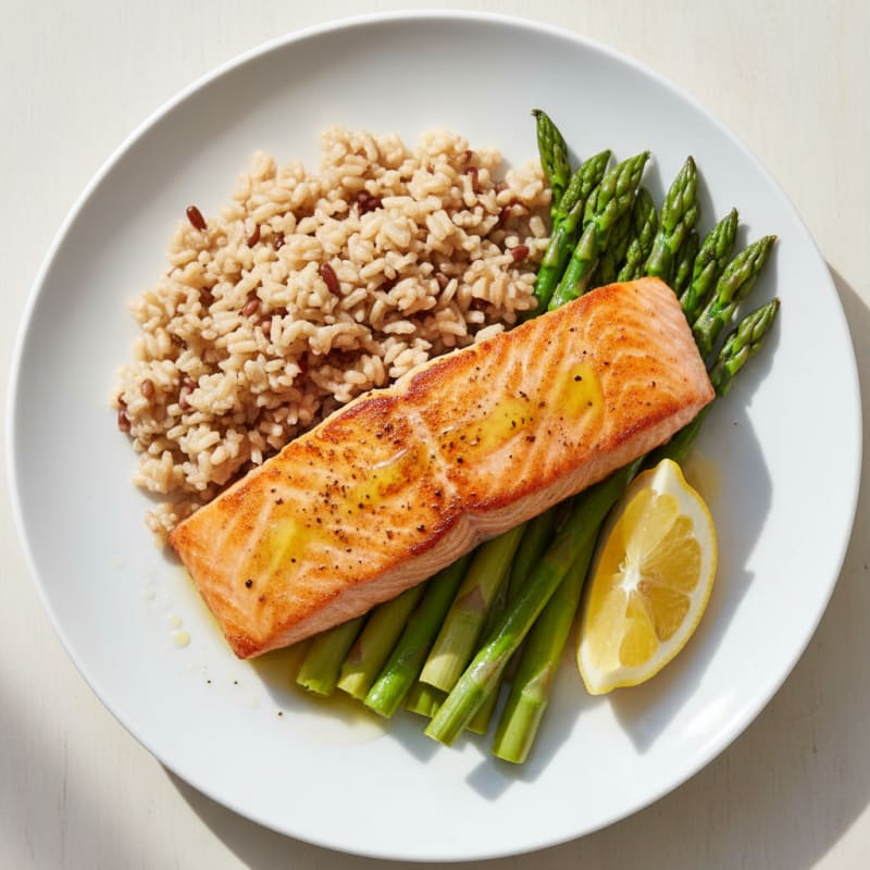 Seared Salmon Filet with Steamed Asparagus and Brown Rice