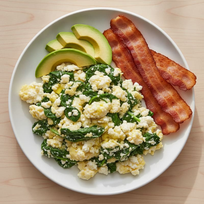 Cottage Cheese Egg Scramble with Spinach and Turkey Bacon