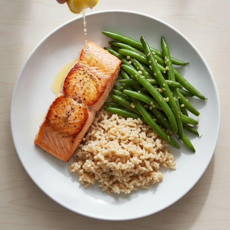 Seared Salmon with Garlic Green Beans and Brown Rice
