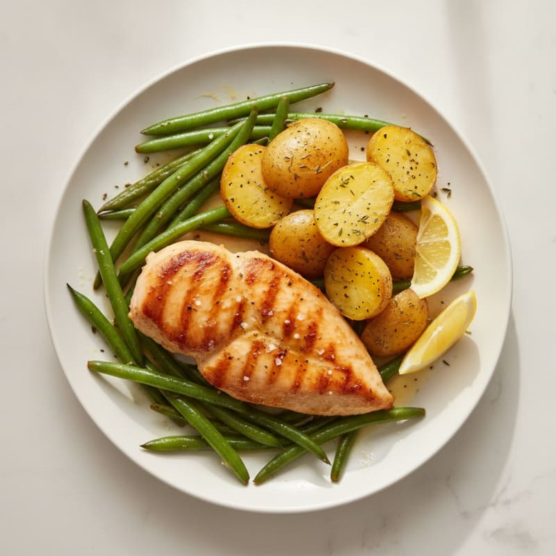 Pan-Seared Chicken with Roasted Green Beans and Yellow Potatoes