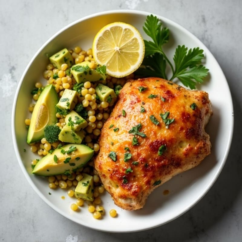 Crispy Lemon Herb Chicken Thighs with Creamy Avocado Lentil Salad