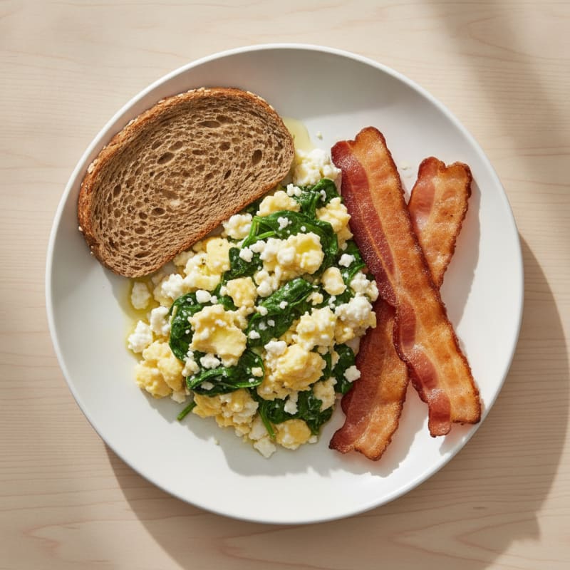 Cottage Cheese Scramble with Spinach and Turkey Bacon