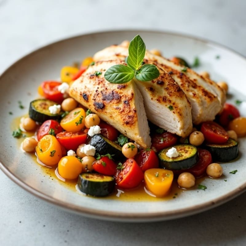 Herb-Roasted Eggplant, Zucchini, and Bell Pepper Medley with Grilled Chicken