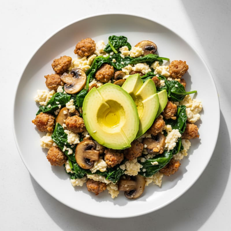 Egg White Spinach Scramble with Turkey Sausage and Sautéed Mushrooms