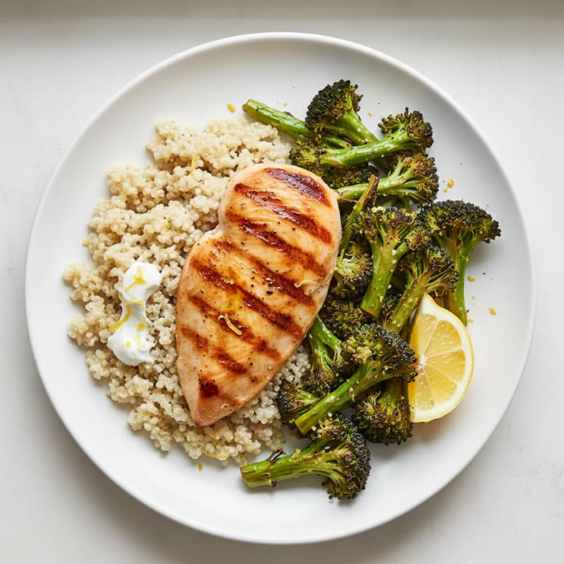 Grilled Chicken Breast with Creamy Quinoa and Roasted Broccoli