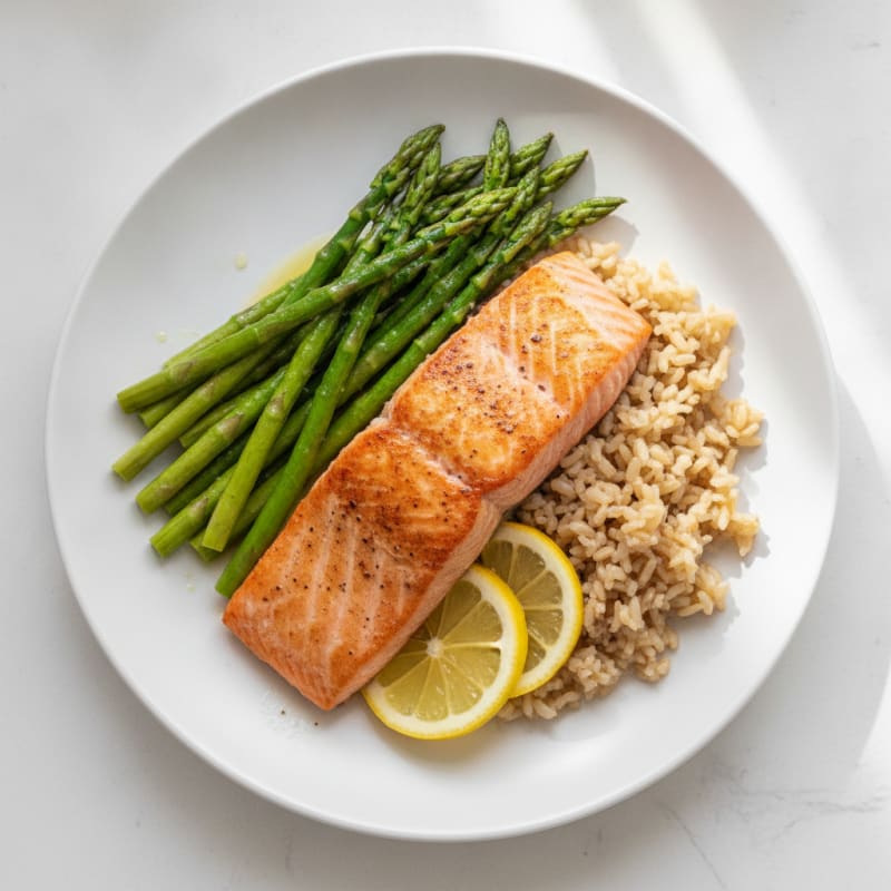 Seared Salmon with Steamed Asparagus and Brown Rice