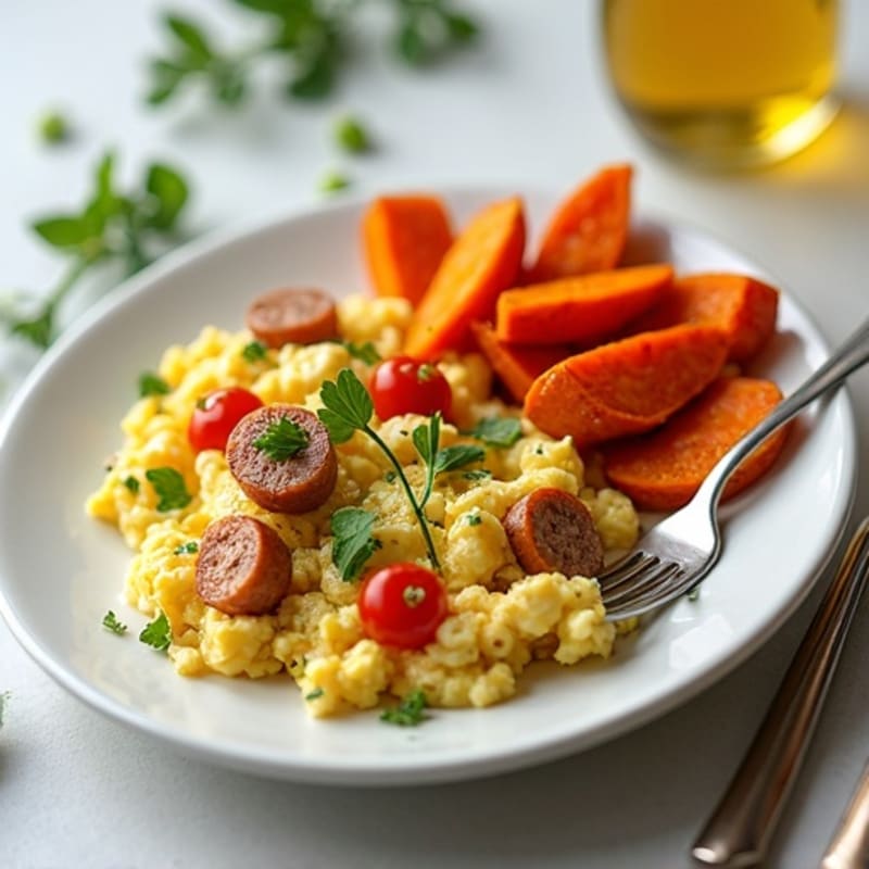Egg White and Chicken Sausage Scramble with Roasted Sweet Potatoes