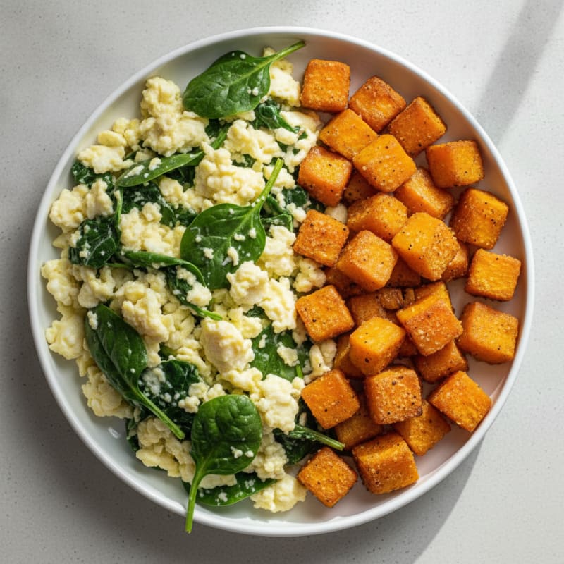 Egg White Scramble with Spinach and Roasted Sweet Potato