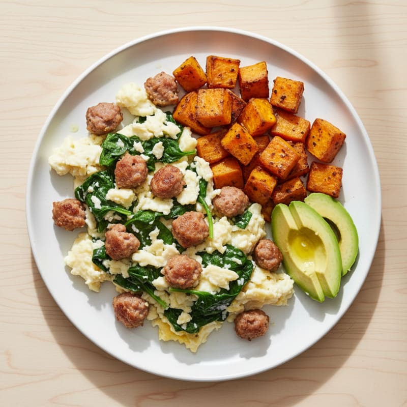 Egg White Scramble with Turkey Sausage and Spinach