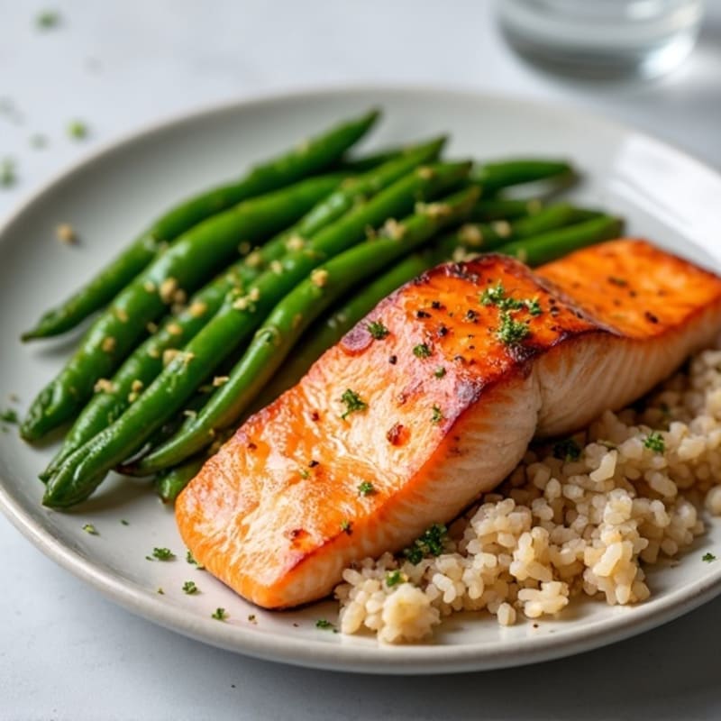 Seared Salmon Fillet with Garlic Green Beans and Brown Rice