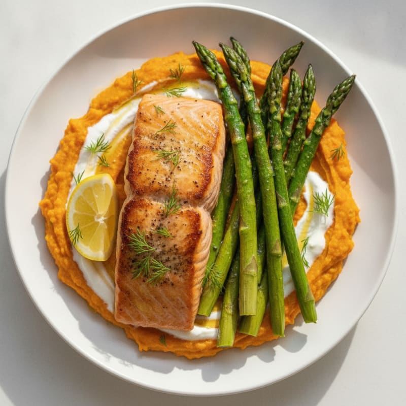 Seared Salmon with Roasted Asparagus and Sweet Potato Mash