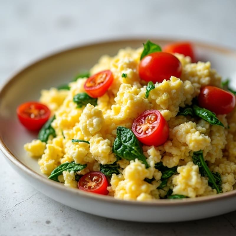 Cottage Cheese Egg White Scramble with Spinach and Cherry Tomatoes
