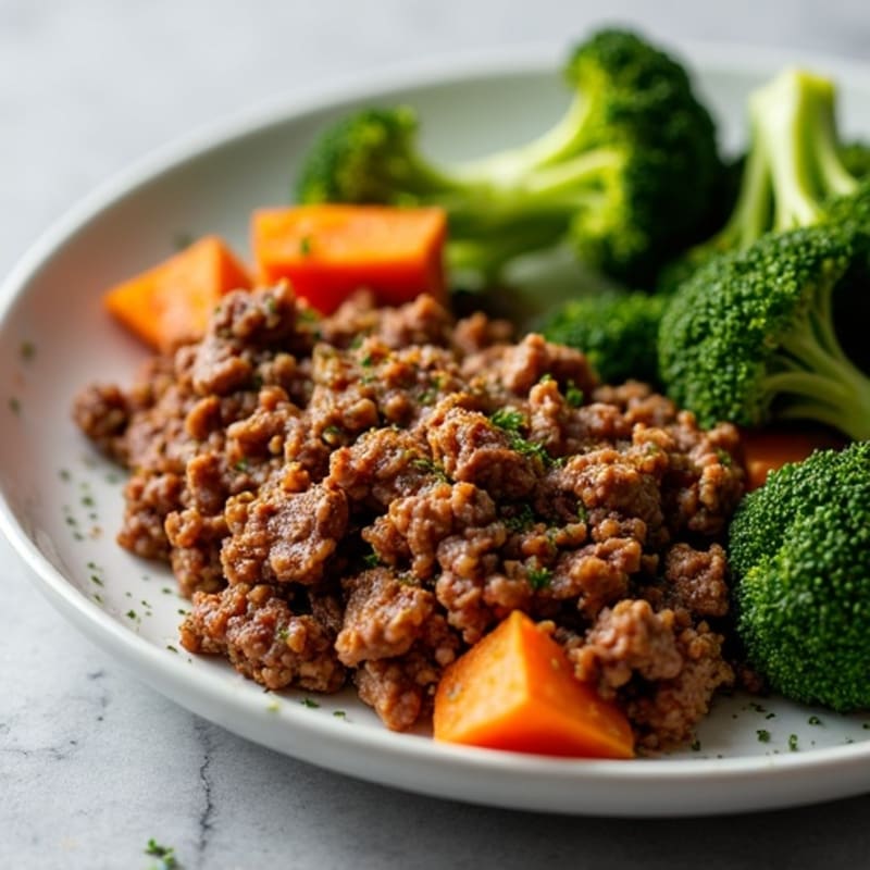Savory Lean Ground Beef with Roasted Broccoli and Sweet Potatoes