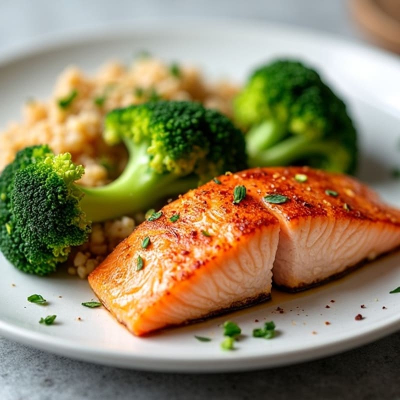 Seared Salmon Fillet with Steamed Broccoli and Quinoa