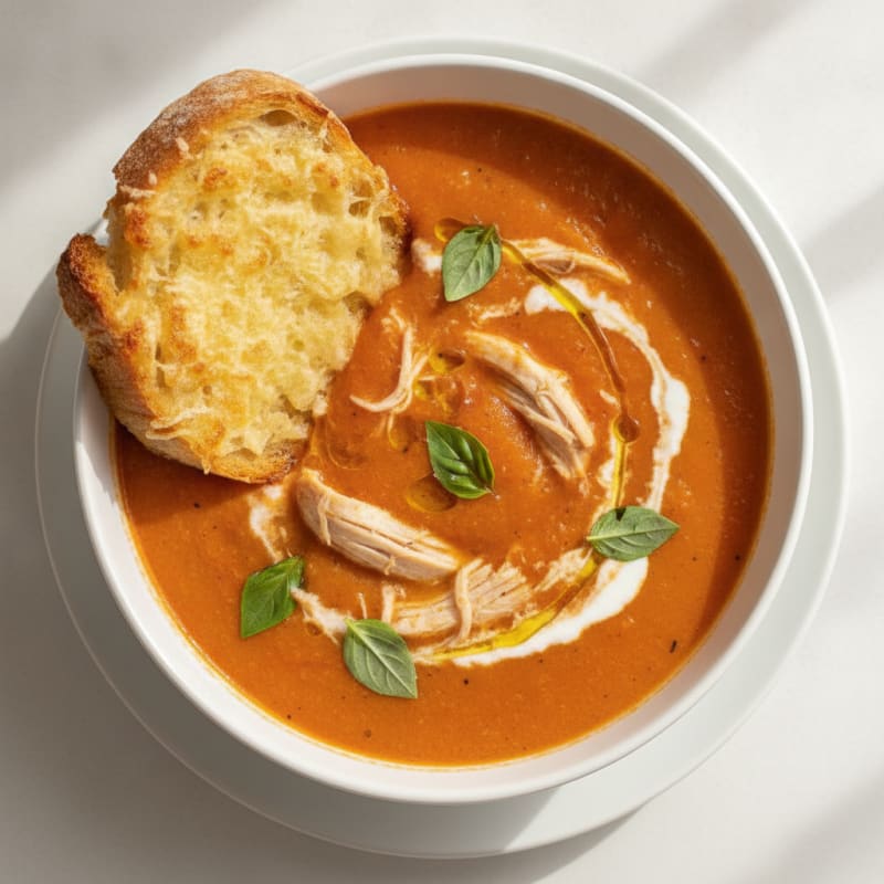 Roasted Tomato Basil Soup with Parmesan Crostini