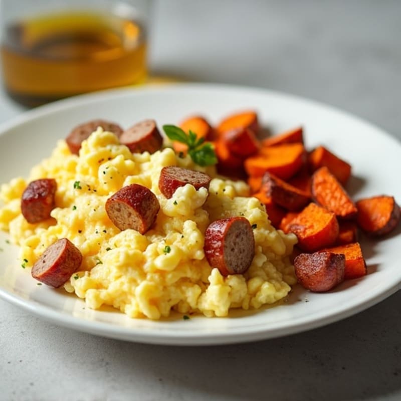 Egg White Scramble with Turkey Sausage and Roasted Sweet Potatoes
