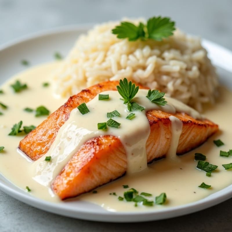 Salmon Alfredo with Steamed Rice