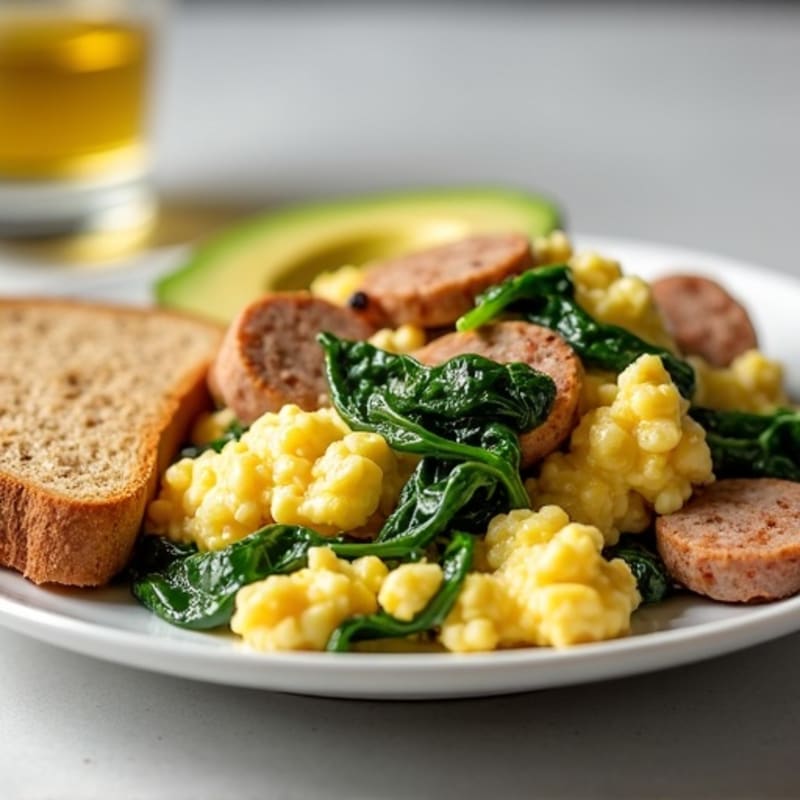 Egg White and Turkey Sausage Scramble with Sautéed Spinach