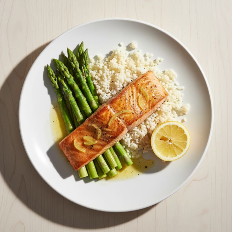 Seared Salmon Fillet with Steamed Asparagus and Cauliflower Rice
