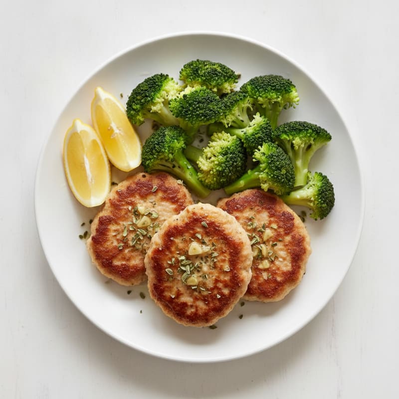 Seared Turkey Patties with Steamed Broccoli and Lemon