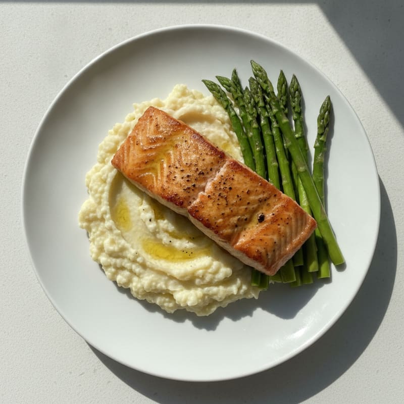 Seared Salmon with Steamed Asparagus and Cauliflower Mash