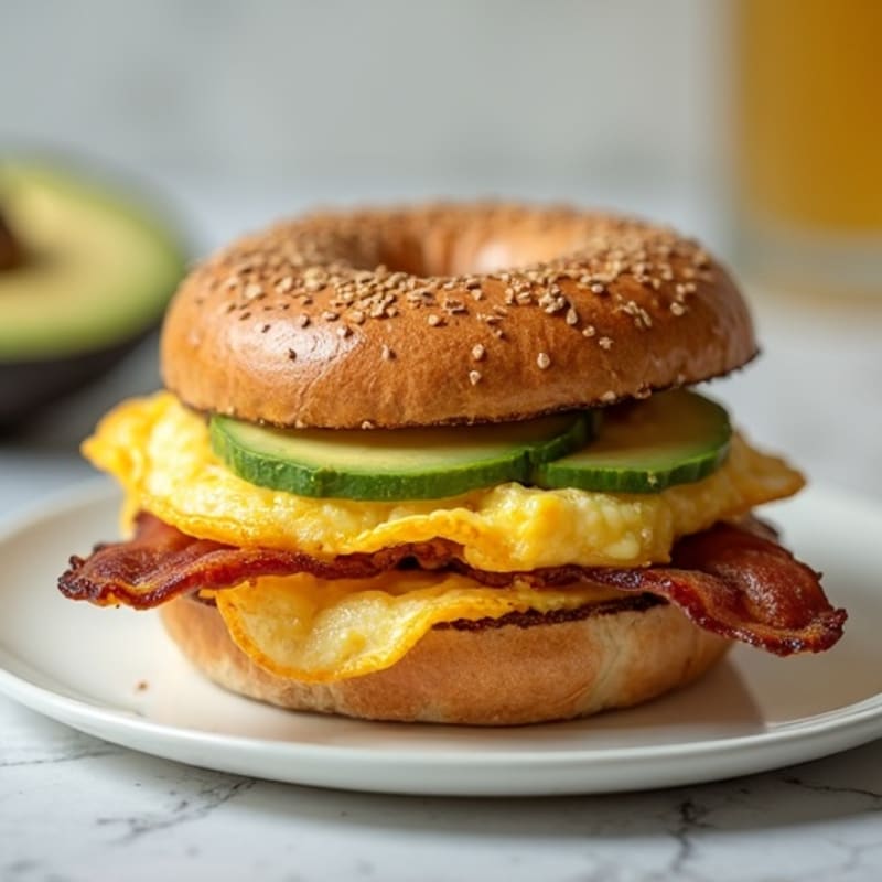 Crispy Plant-Based Bacon, Fluffy Egg, and Creamy Avocado Bagel Sandwich