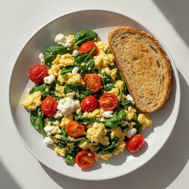 Cottage Cheese Egg Scramble with Spinach and Cherry Tomatoes
