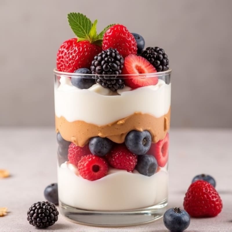 Greek Yogurt Protein Parfait with Mixed Berries and Almond Butter Swirl