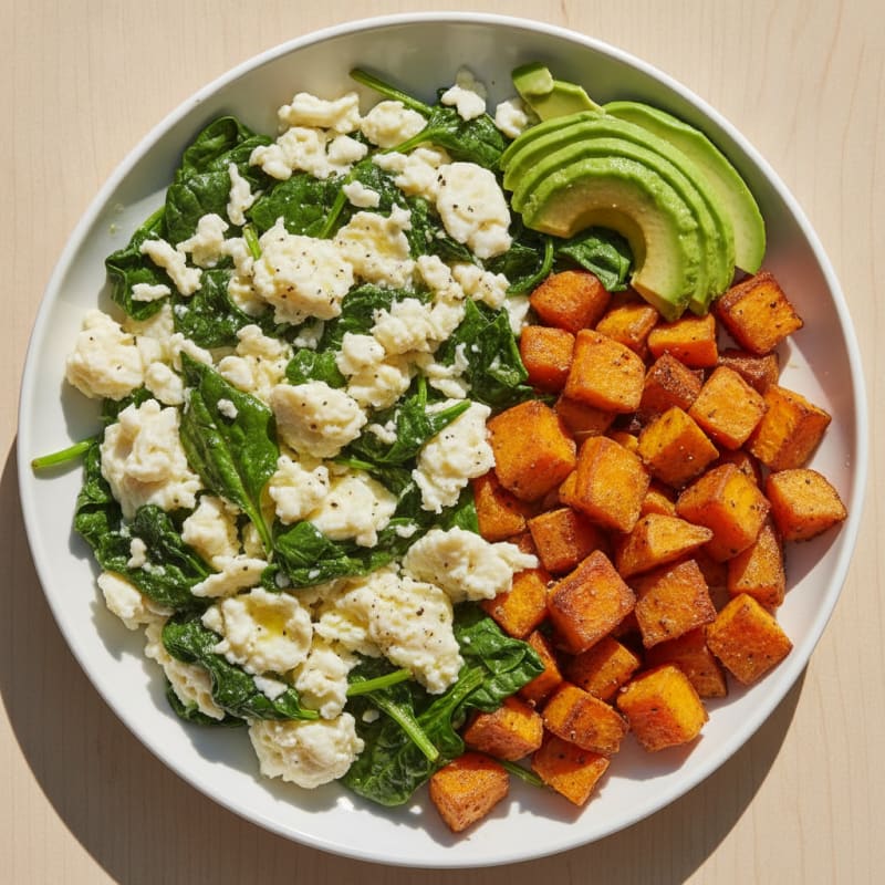 Scrambled Egg Whites with Roasted Sweet Potatoes and Sautéed Spinach