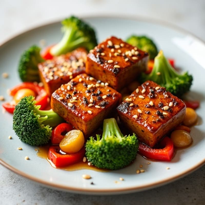 Sweet-Sticky Maple Glazed Tempeh with Crispy Vegetables