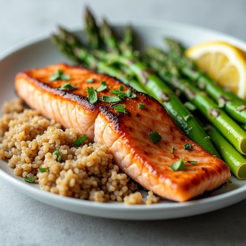 Seared Salmon with Steamed Asparagus and Brown Rice