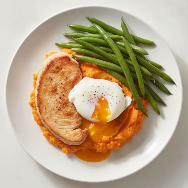 Seared Turkey Breast with Steamed Green Beans and Sweet Potato Mash