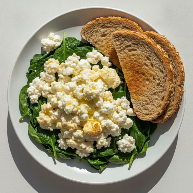 Cottage Cheese and Egg Scramble with Sautéed Spinach