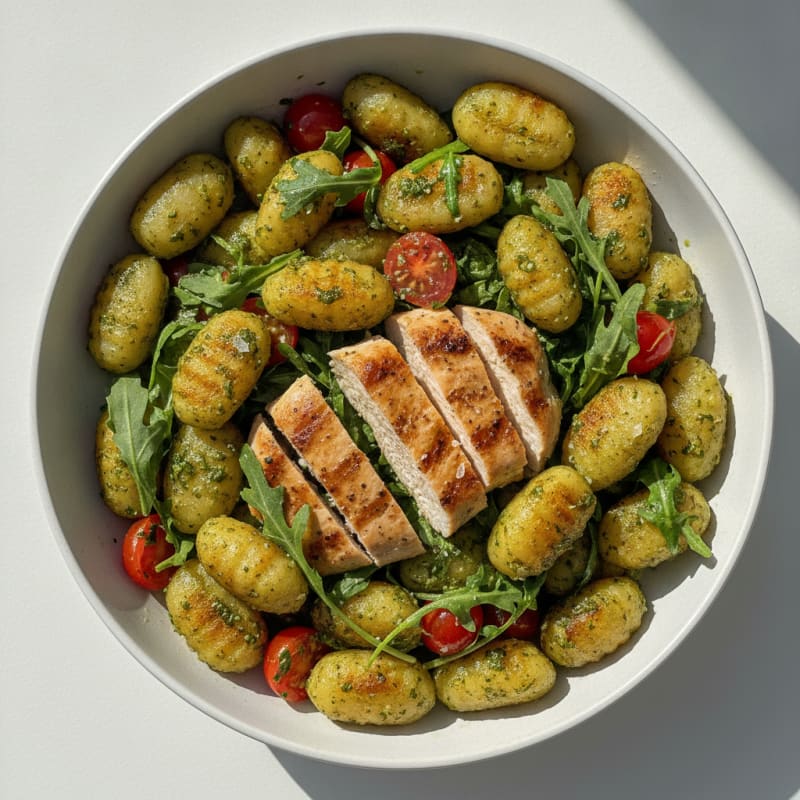 Gnocchi with Arugula Pesto and Cherry Tomatoes